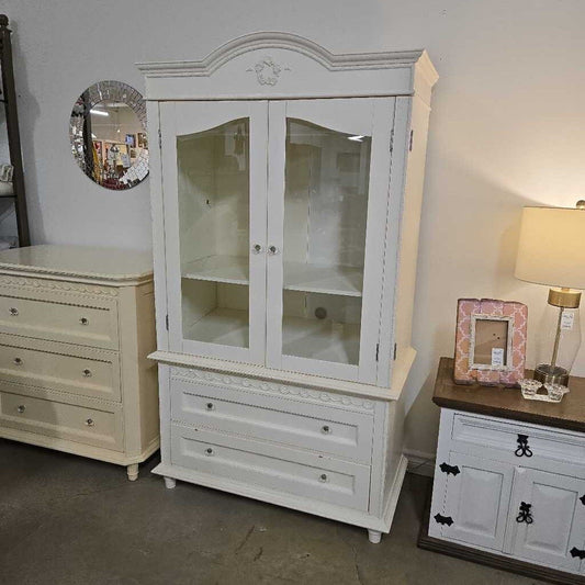 WHITE CLOTHING ARMOIRE W/GLASS DOORS