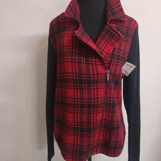 RED PLAID ZIP FRONT SWEATER