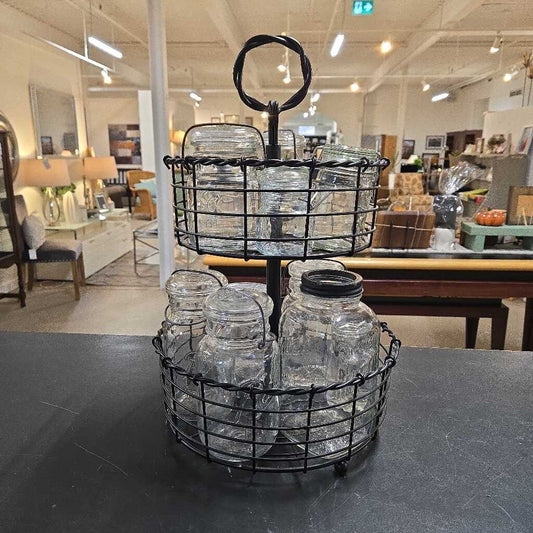 2 TIER BLACK METAL STAND W/GLASS JARS