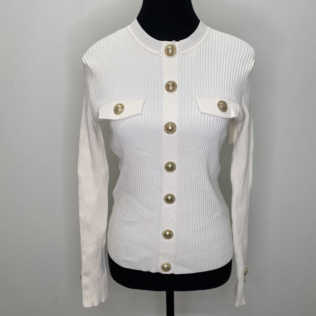 MELANIE LYNE - L/S CREAM RIBBED TOP W/ GOLD BUTTONS