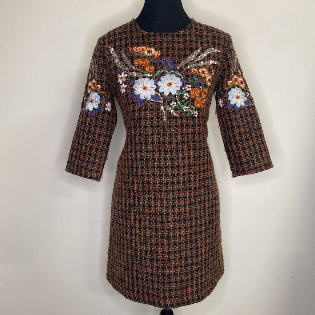 ZARA - BROWN/ORANGE TWEED DRESS W/ SEQUIN & FLORAL EMBROIDERY
