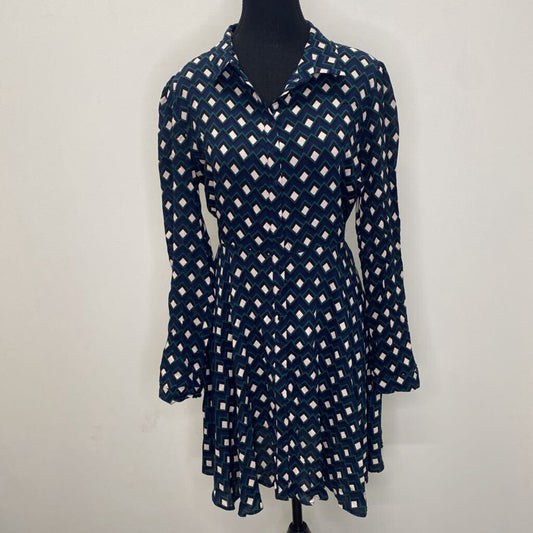 ZARA - BLUE/GREEN/WHITE PATTERNED L/S BUTTON-UP DRESS