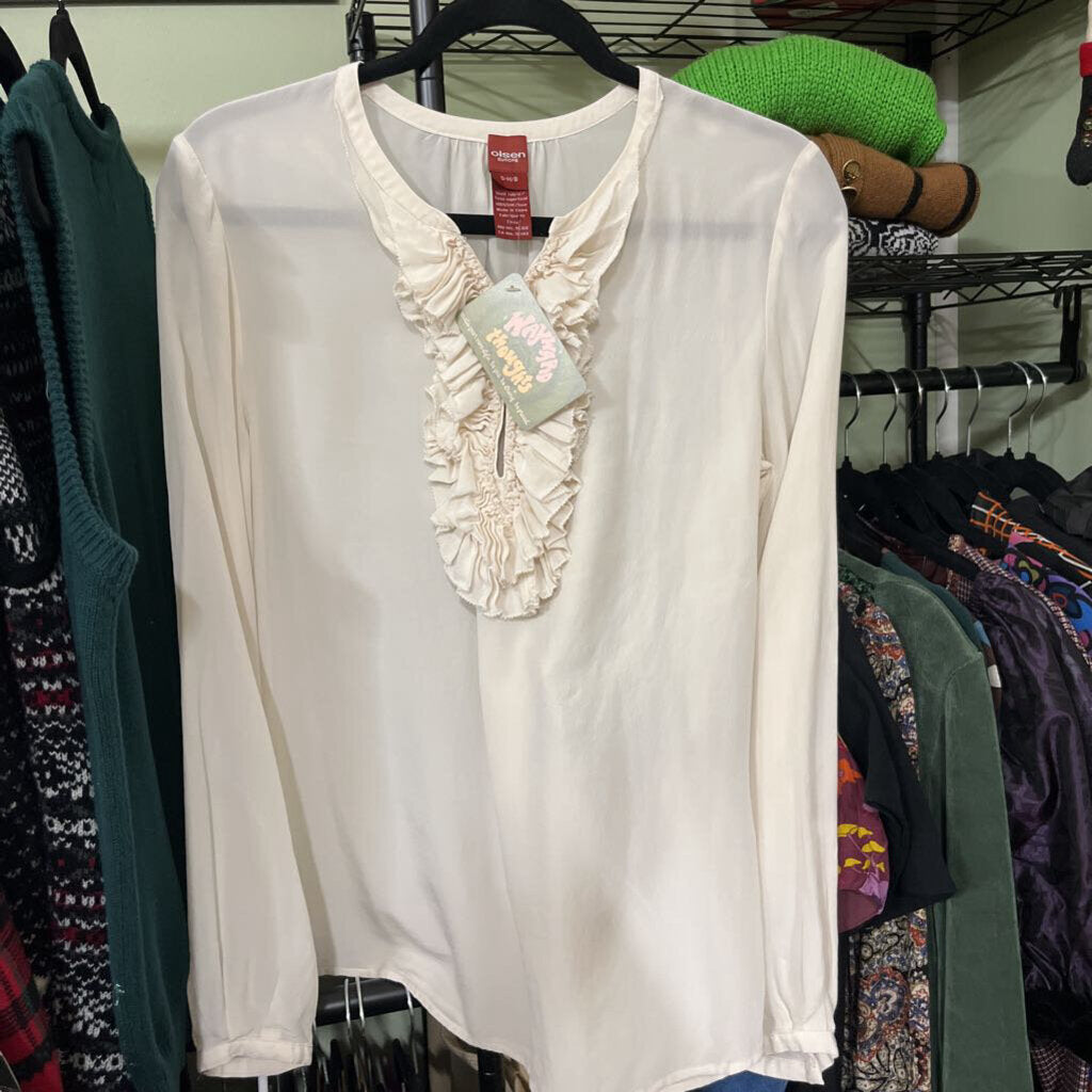 Women's Cream Long Sleeve Blouse with Ruffled Neck