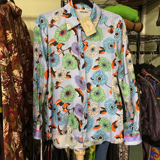 Women's Blue Button Down Shirt with Multi-Colour Flowers