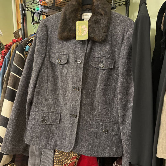 Villager Vintage Grey Tweed Blazer with Removable Faux Fur Collar