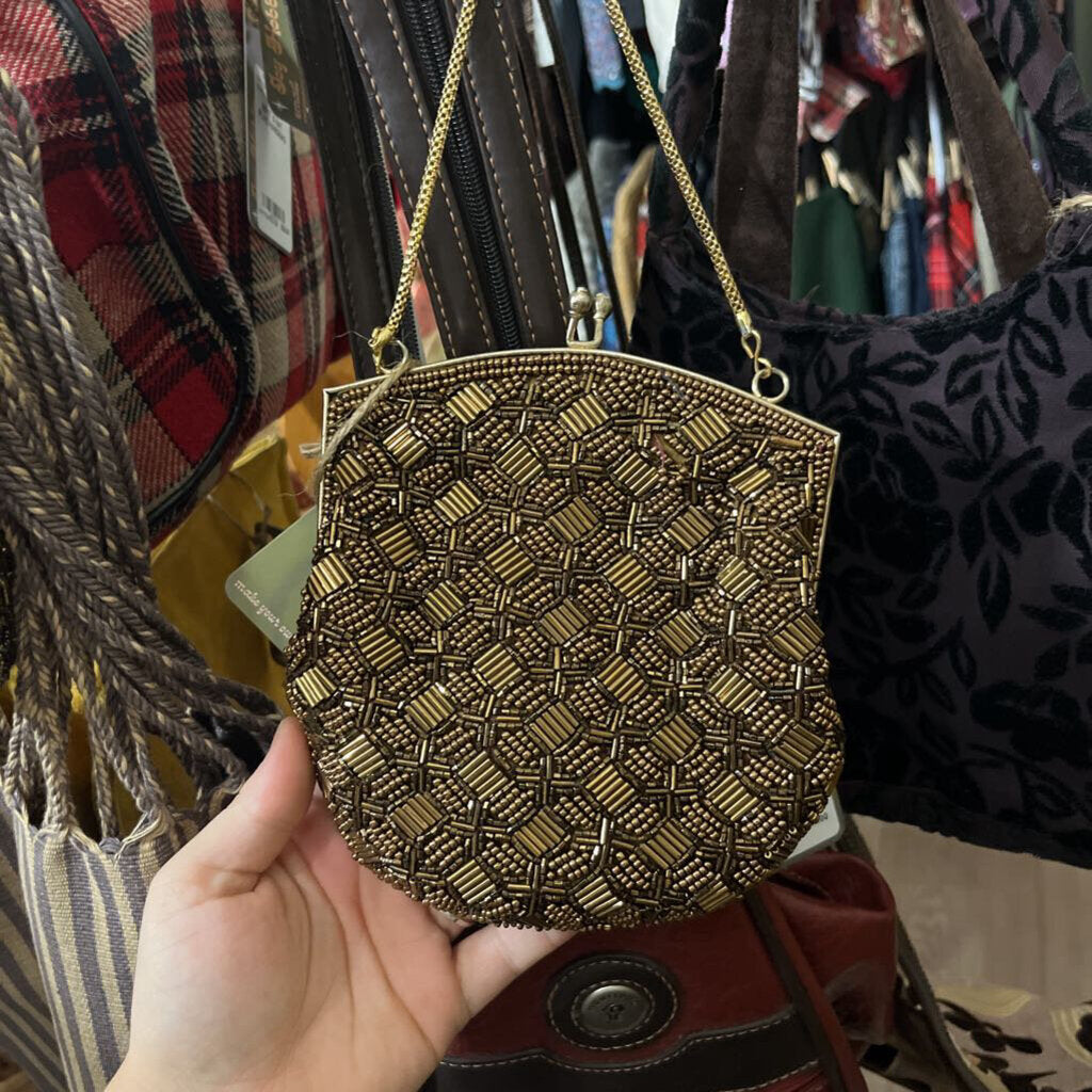Vintage 1960's Small Gold Beaded Hand Bag