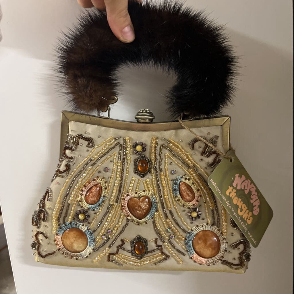 Vintage Beaded Handbag with Fur Trim Handle