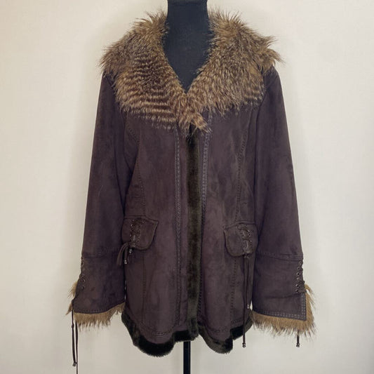 PARKHURST - BROWN VEGAN SUEDE COAT W/ FAUX FUR TRIM