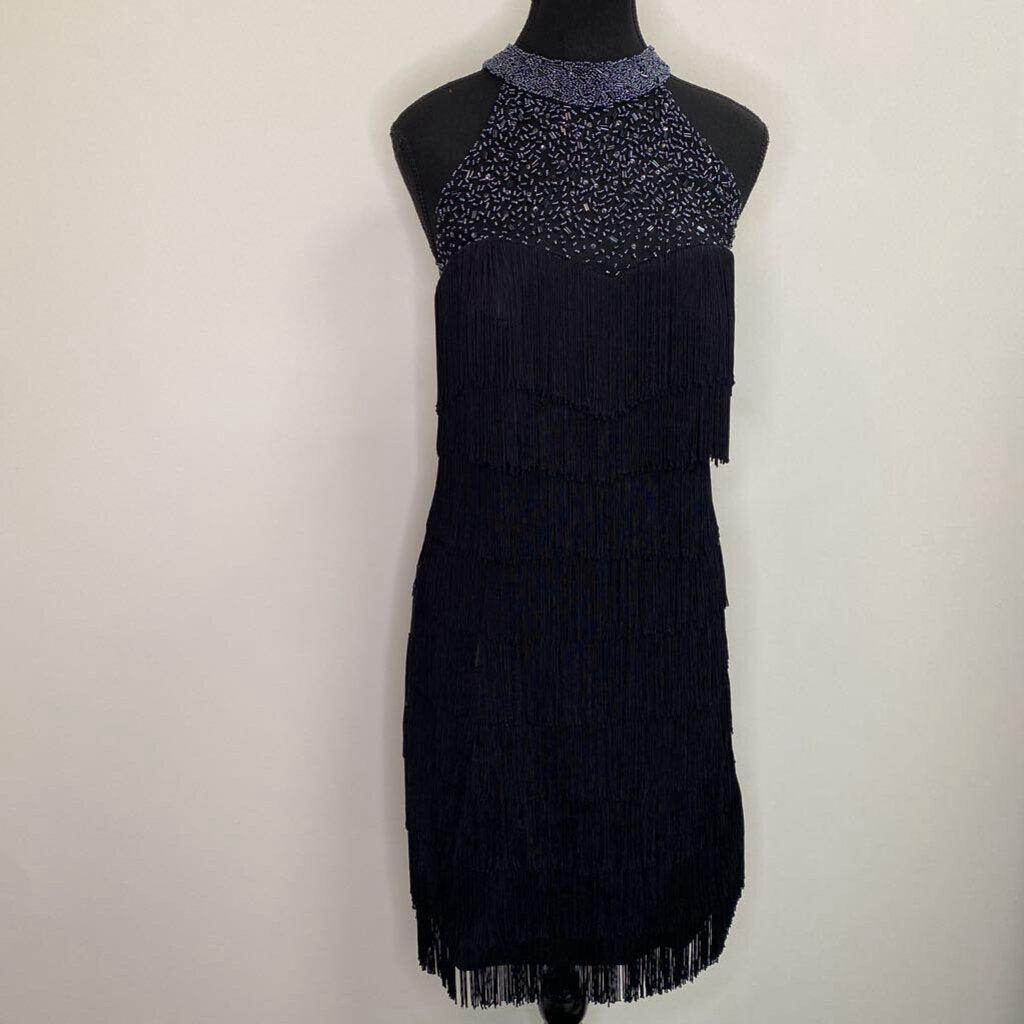 BLACK BEADED HALTER FRINGE MINI DRESS