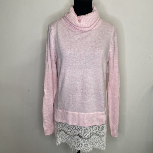 RW&CO. - PINK WOOL-BLEND TURTLENECK KNIT SWEATER W/ LACE
