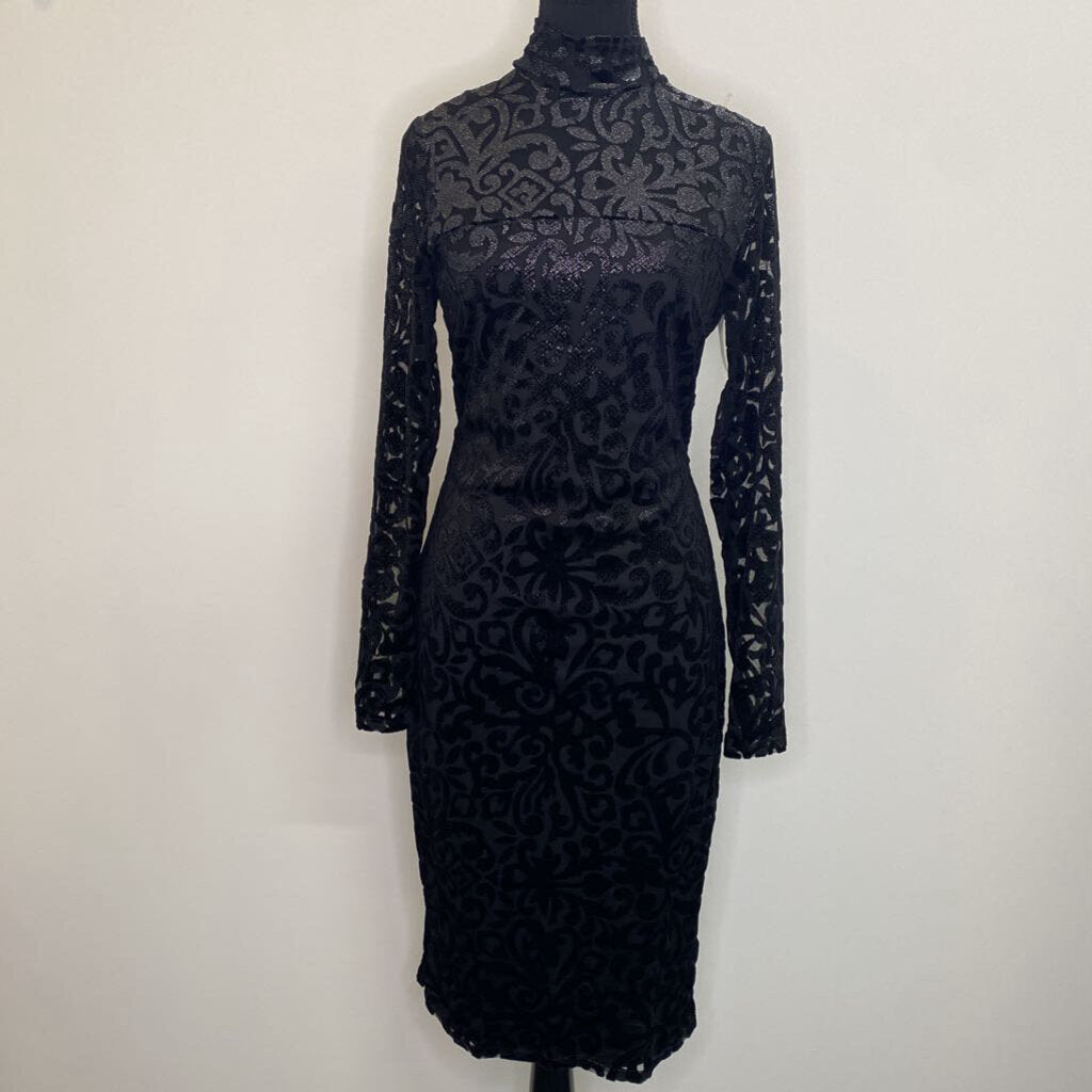 LE CHATEAU - VELVET BLACK L/S EMBOSSED EVENING DRESS