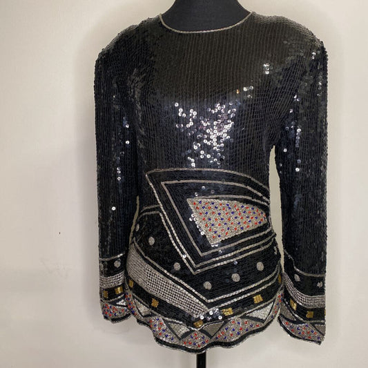 LIPTONS - BLACK 100% SILK L/S SEQUIN BEADED TOP