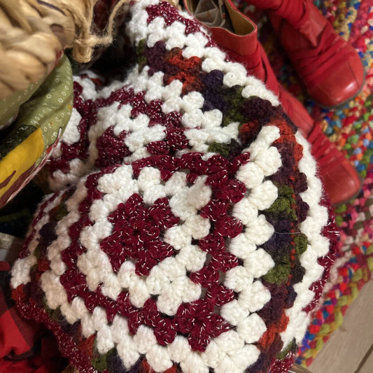 LARGE BURGUNDY & WHITE CROCHETED BLANKET