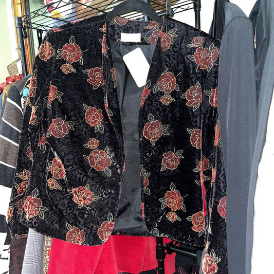 VINTAGE FAIR SET - BLACK VELVET BLAZER WITH ROSE PATTERN