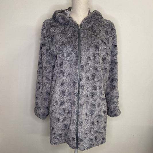 SPANNER - GREY FUZZY ZIP-UP HOODED COAT