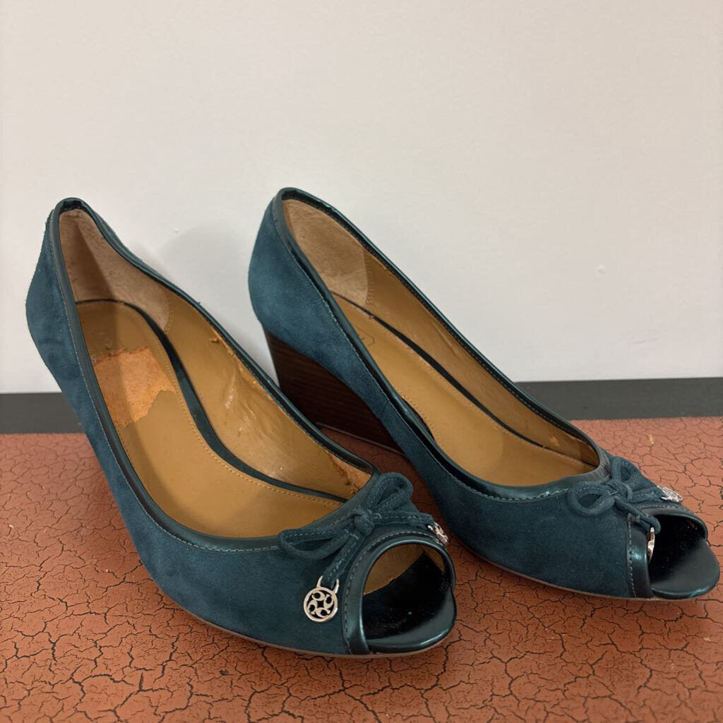 COACH - SUEDE TEAL OPEN TOE WEDGES