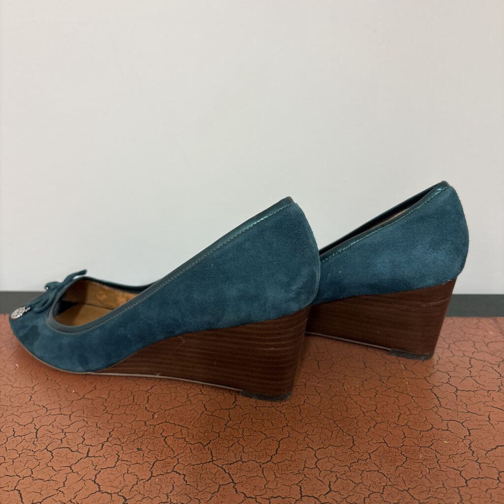 COACH - SUEDE TEAL OPEN TOE WEDGES