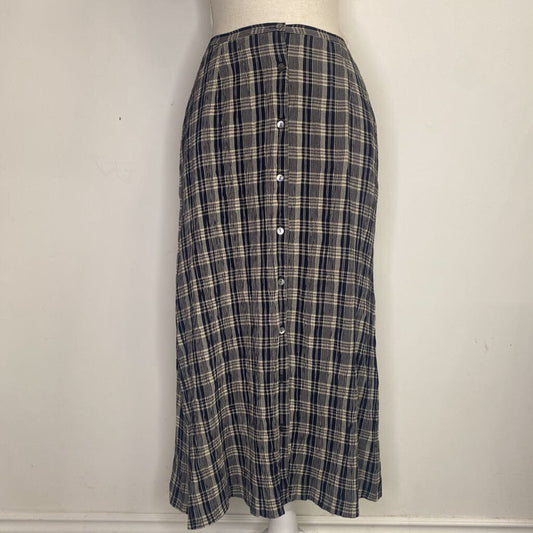 ANNE KLEIN - BROWN/BLACK PLAID BUTTONED MIDI SKIRT