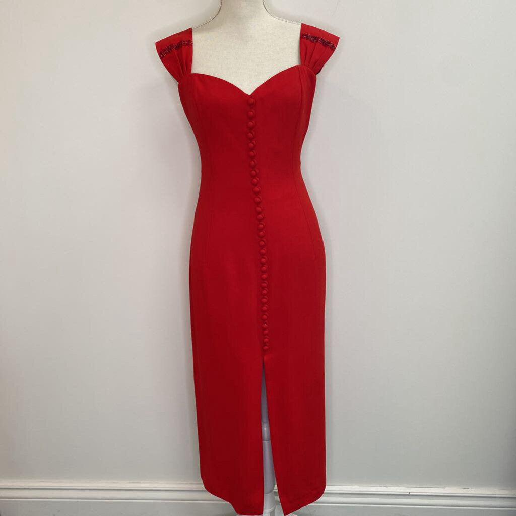 KRASINI - RED BUTTONED MIDI DRESS W/ BEADING