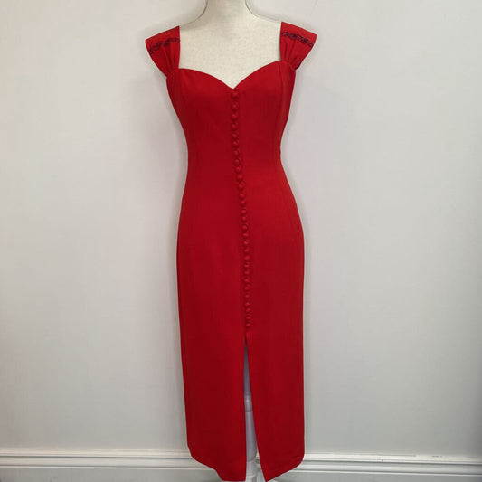 KRASINI - RED BUTTONED MIDI DRESS W/ BEADING