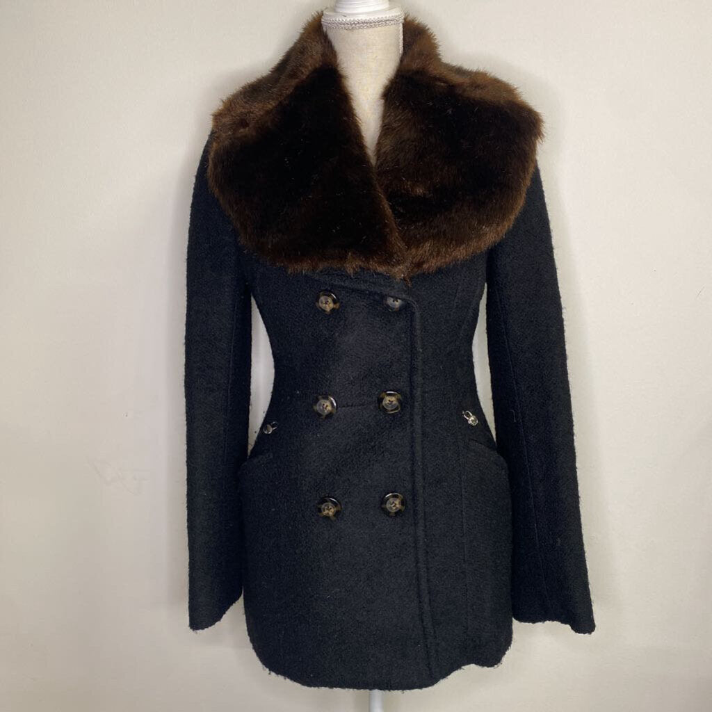 LAUNDRY BY SHELLI DEGAL - BLACK TWEED WOOL-BLEND PEACOAT W/ REMOVABLE FAUX FUR COLLAR