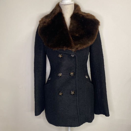 LAUNDRY BY SHELLI DEGAL - BLACK TWEED WOOL-BLEND PEACOAT W/ REMOVABLE FAUX FUR COLLAR