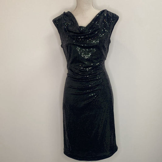 FRANK LYMAN - BLACK/GREEN GLITTER SLEEVELESS MIDI DRESS W/ RUCHING