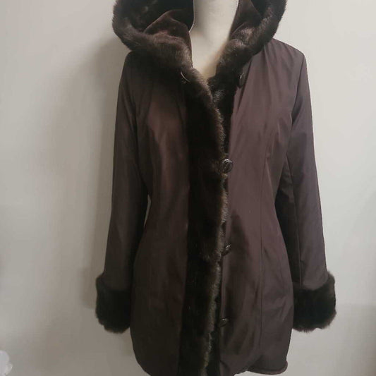 GUILLAUME - BROWN NYLON FAUX FUR-LINED COAT W/ HOOD