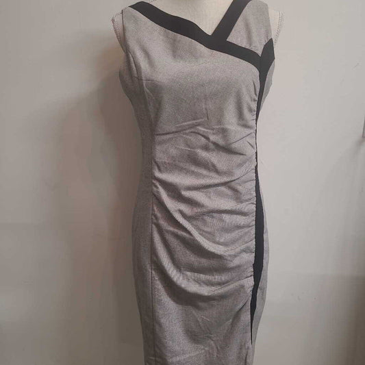 CHAPTER ONE - GREY STRIPED SLEEVELESS MIDI DRESS W/ RUCHING