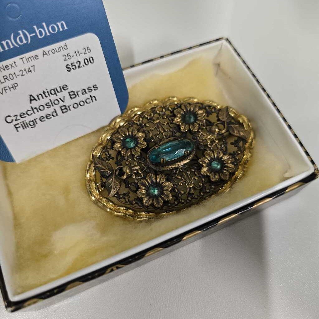 Antique Czechoslov Brass Filigreed Brooch