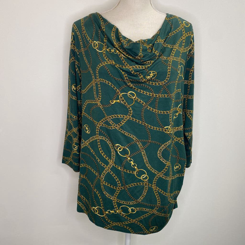 MICHAEL KORS - GREEN L/S COWL-NECK TOP W/ CHAIN DESIGN