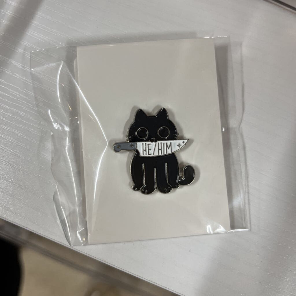 HE/HIM CAT WITH KNIFE ENAMEL PIN