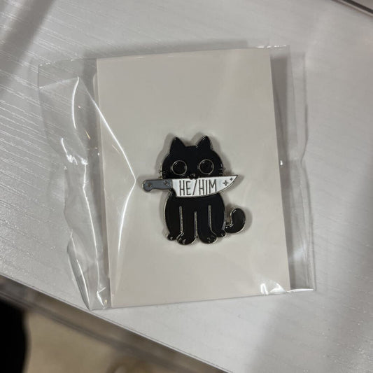 HE/HIM CAT WITH KNIFE ENAMEL PIN