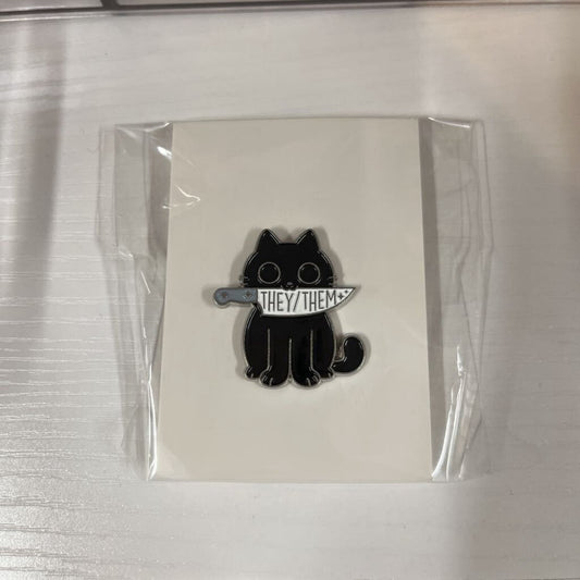 THEY/THEM CAT WITH KNIFE ENAMEL PIN