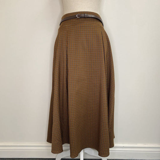 ALLEGRA K - BROWN/ORANGE GINGHAM MIDI SKIRT W/ BELT