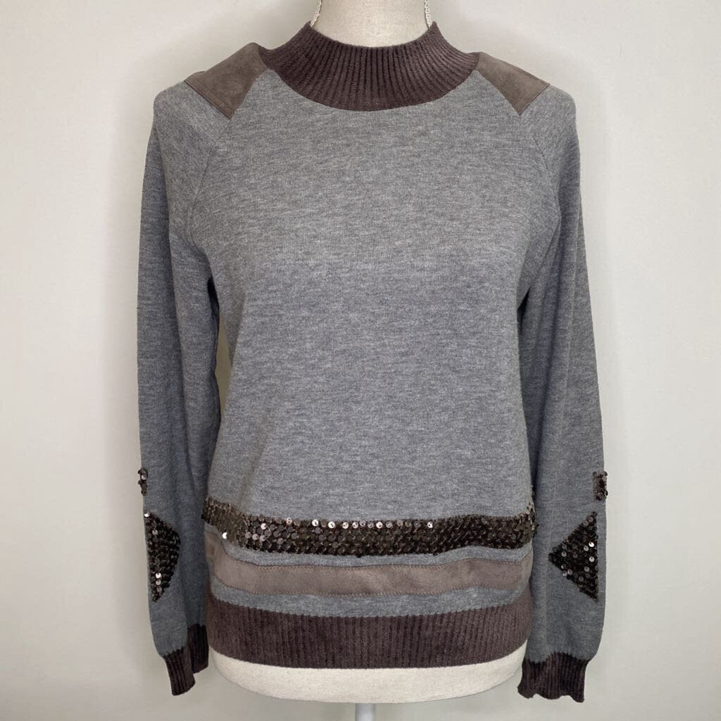 TRICOT - GREY SWEATER W/ SEQUINS/VEGAN SUEDE CUTOUTS
