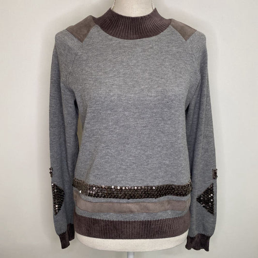 TRICOT - GREY SWEATER W/ SEQUINS/VEGAN SUEDE CUTOUTS