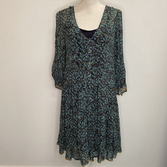 NILE - TEAL LEAF PRINT L/S DRESS W/ VELVET TRIM
