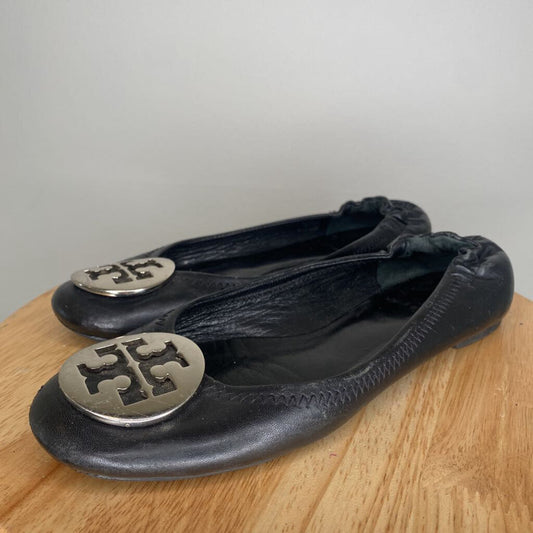 TORY BURCH - AUTHENTIC BLACK LEATHER REVA BALLET FLATS W/ CHROME