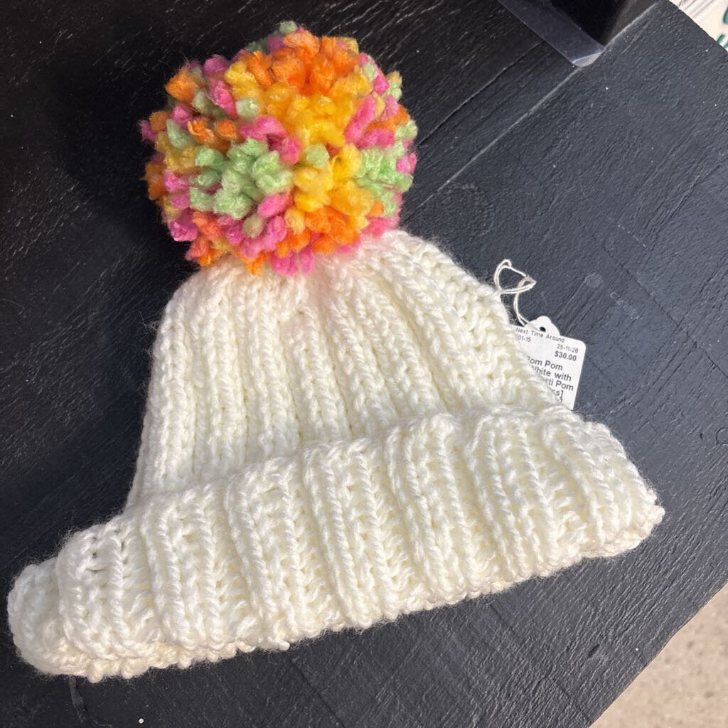 Knit Pom Pom Toque - White with Orange Confetti Pom Pom [5-10 Years]