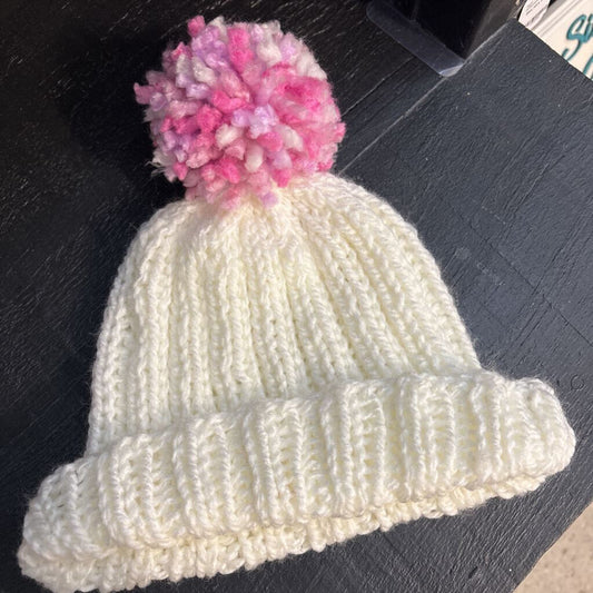 Knit Pom Pom Toque - White with Pink Confetti Pom Pom [5-10 Years]