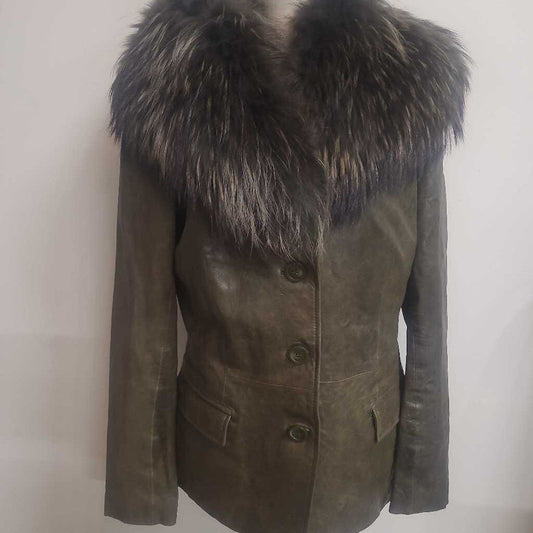 DANIER GREEN LEATHER COAT WITH RACOON FUR COLLAR