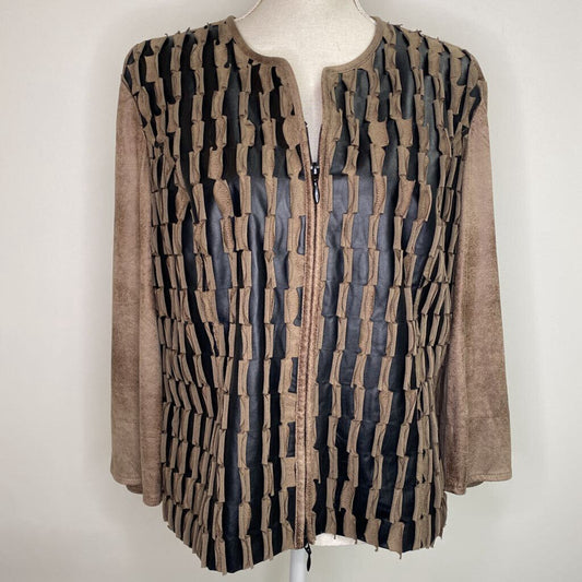 JOSEPH RIBKOFF - BROWN/BLACK VEGAN SUEDE "EYELASH" ZIP-UP BLAZER