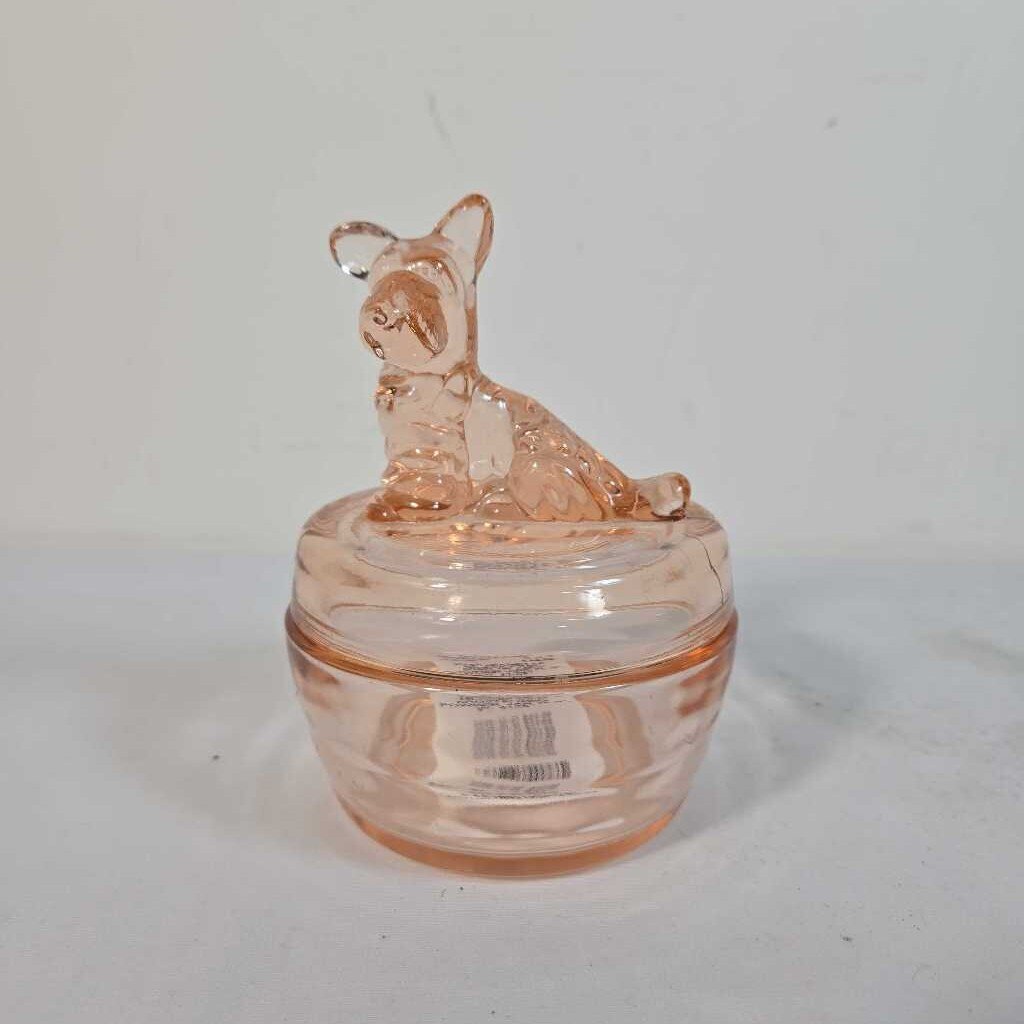 VTG JEANETTE GLASS PINK SCOTTIE DOG POWDER JAR