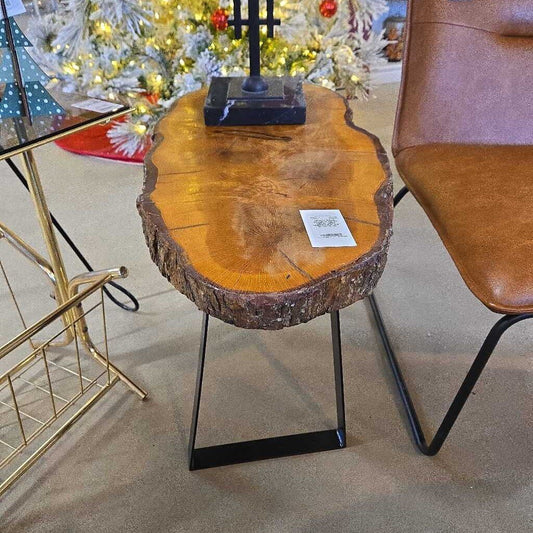 NEWLY MADE WOOD SLAB W/ METAL LEGS SIDETABLE
