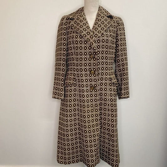 BROWN/CREAM SQUARE&DOT DESIGN LONG COAT