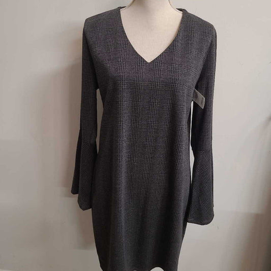GREY PLAID DRESS WITH FLARED SLEEVES