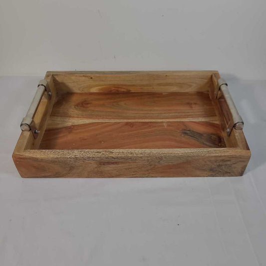 WOOD TRAY W/ METAL HANDLES