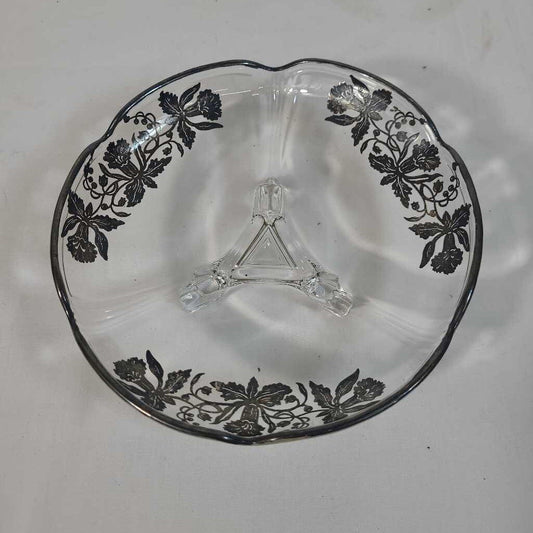 VTG FOOTED GLASS DISH W/ FLORAL EDGES
