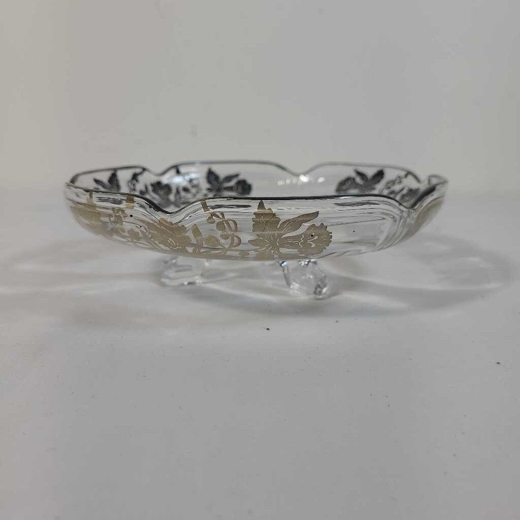 VTG FOOTED GLASS DISH W/ FLORAL EDGES